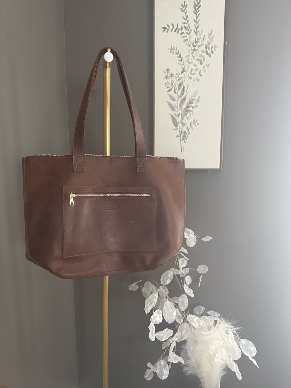 Leather Brown Zip-Front Tote Bag - Women
